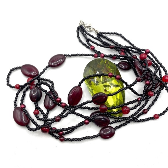 Black Seed Beads & Red Glass Beads Multi-strand Necklace Artisan Made - Picture 3 of 6